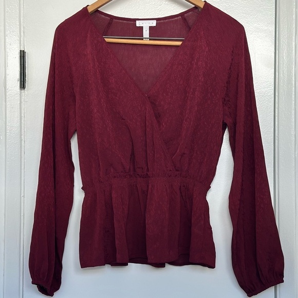 LEITH Silky Blouse in Burgundy MED Peplum Long Sleeve Top - Picture 2 of 6
